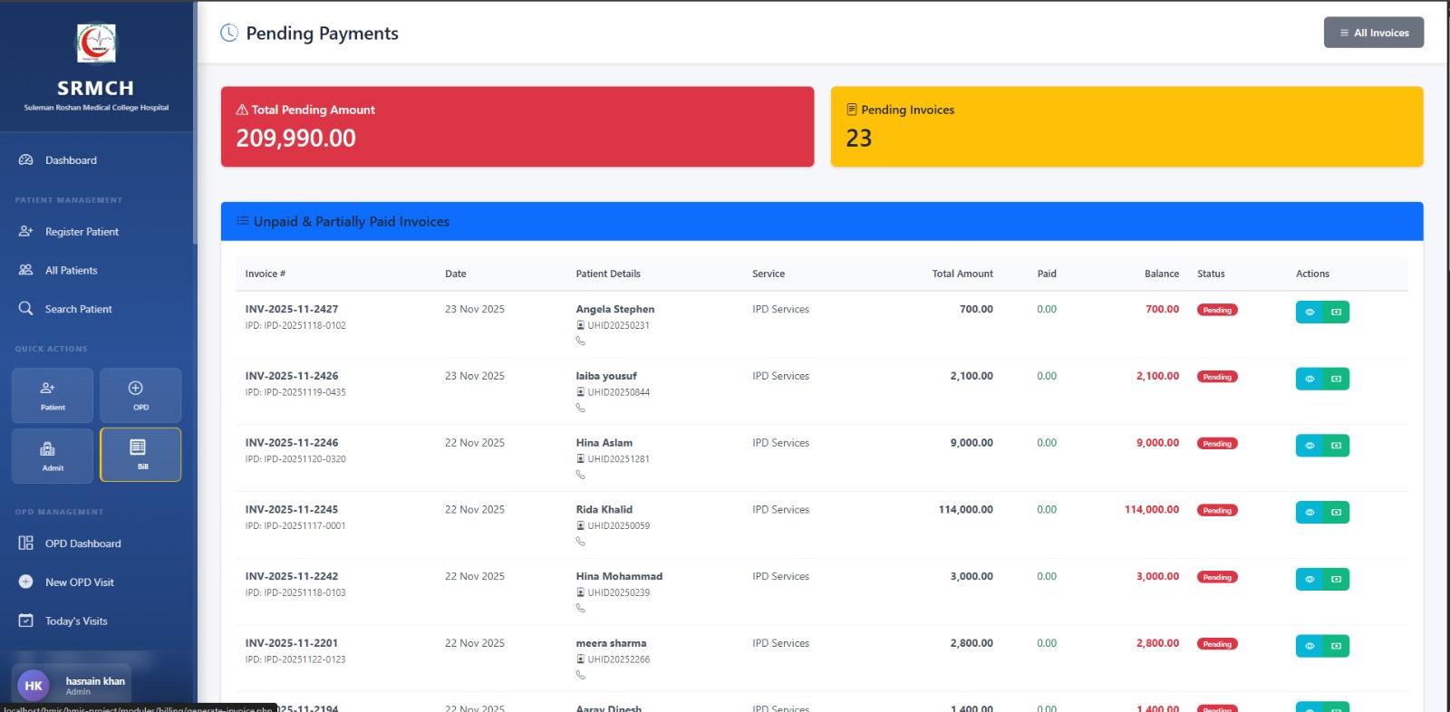 HMIS project reports screen